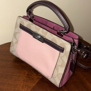 Coach Mini Lane color block mini Bag  monogram, brown/tan Peach & raspberry NWOT